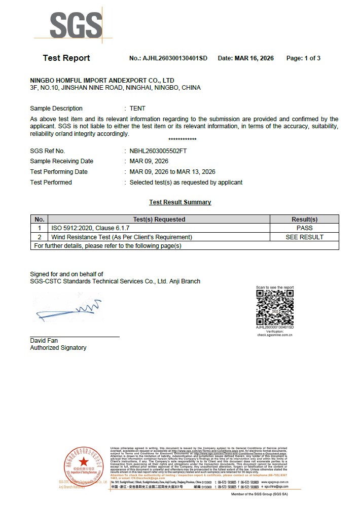 SGS Tent Wind & Rain Resistance Test Report